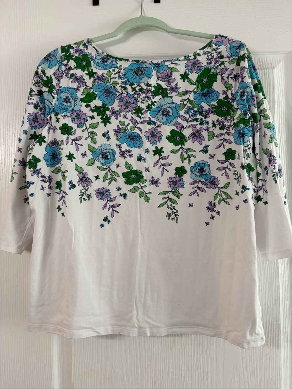 Talbots Women’s White Floral Boatneck Top with Blue & Green Print